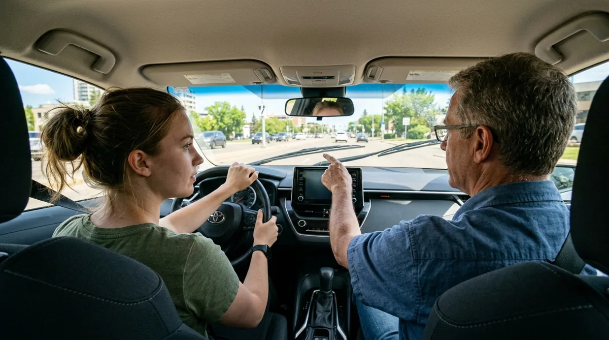 A young woman driving, a man in the passenger seat pointing at the road ahead