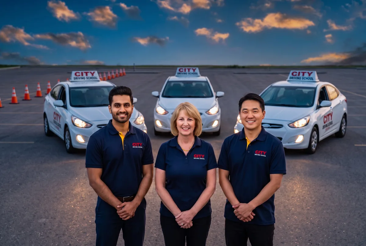 Three people in navy City Driving School shirts in front of three school cars